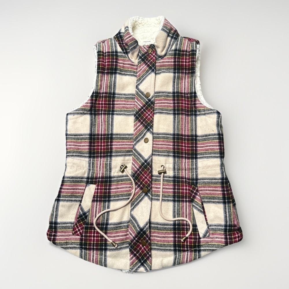 Maurices Vest Women S Small White Plaid Full Zip Fleece High Neck Sleeveless